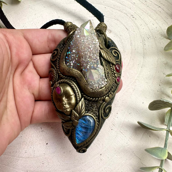 Goddess necklace with Angel Aura Spirit Quartz, Rainbow Moonstone, Rhodolite Garnet and Ruby