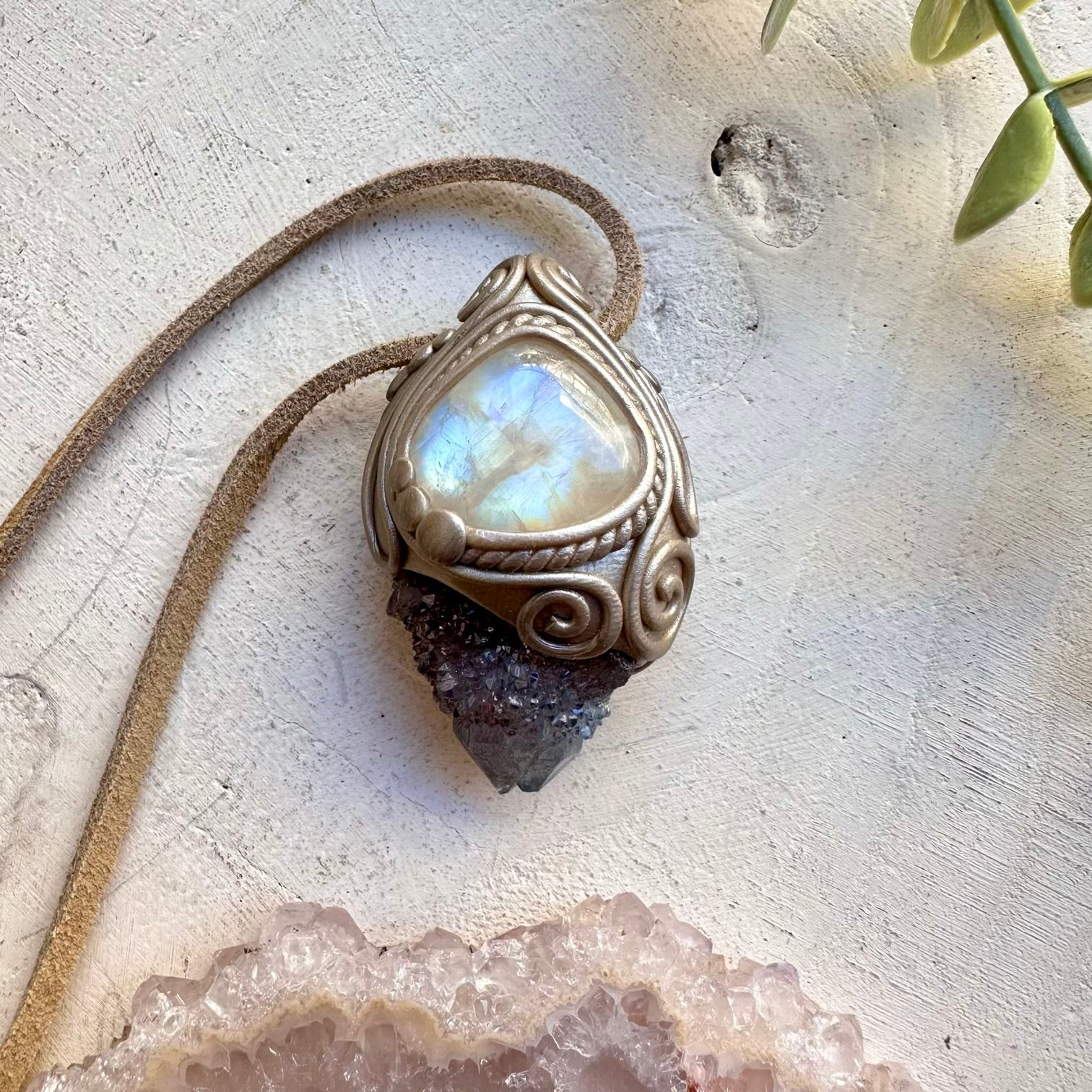 Handmade necklace with aqua aura quartz and moonstone