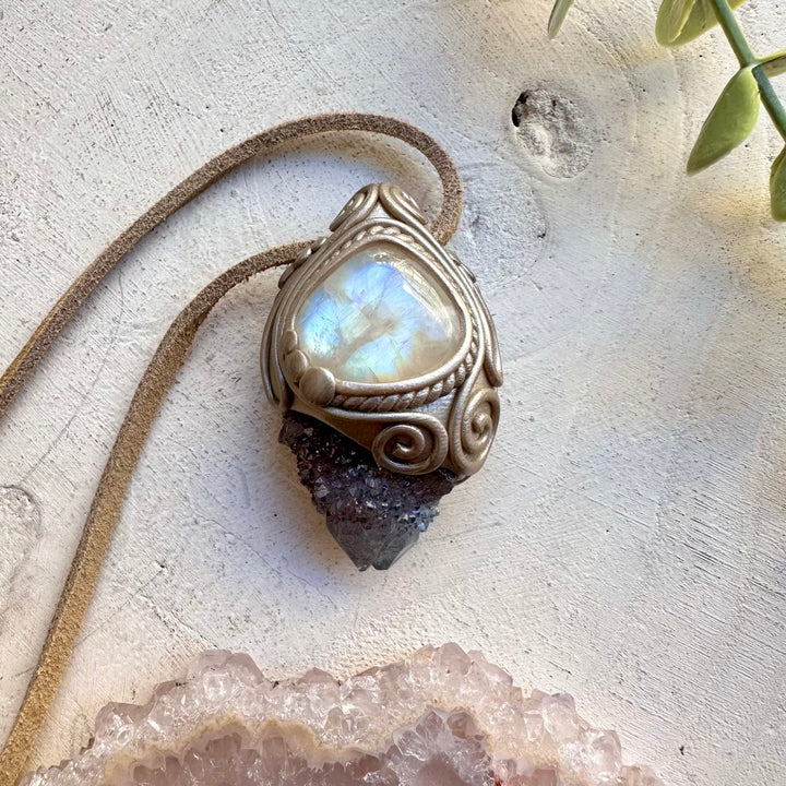 Handmade necklace with aqua aura quartz and moonstone
