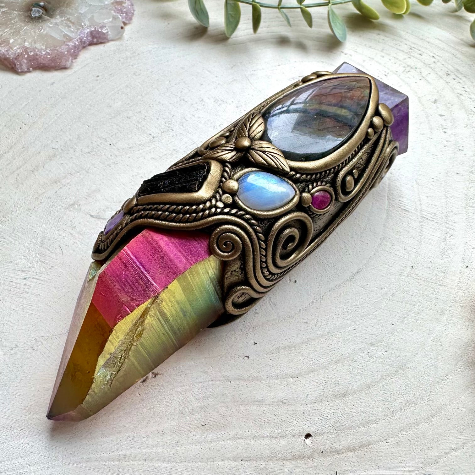 Witch crystal wand with moonstone and labradorite