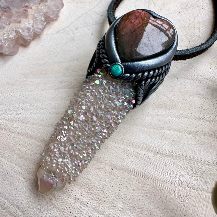 Energy pendant with pink labradorite heart and opal