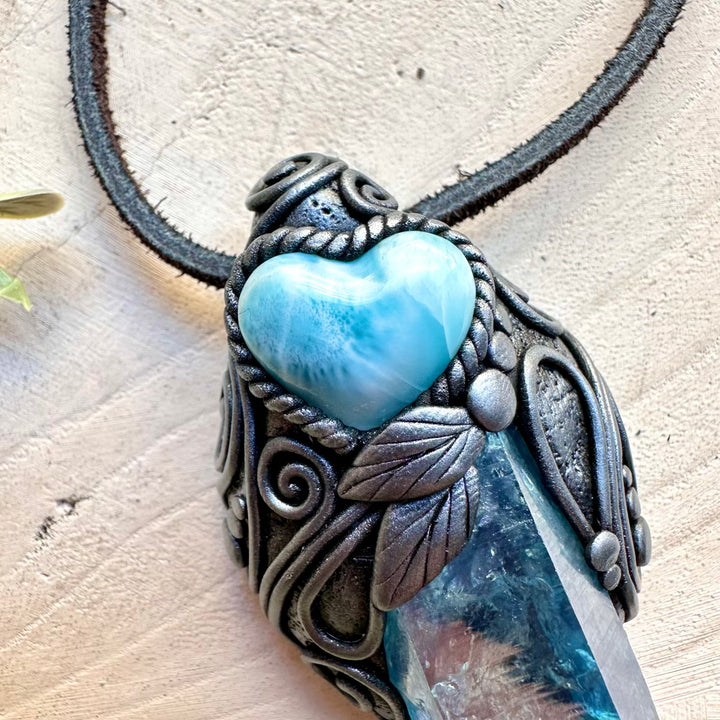 Natural gemstone necklace with aura quartz and larimar heart