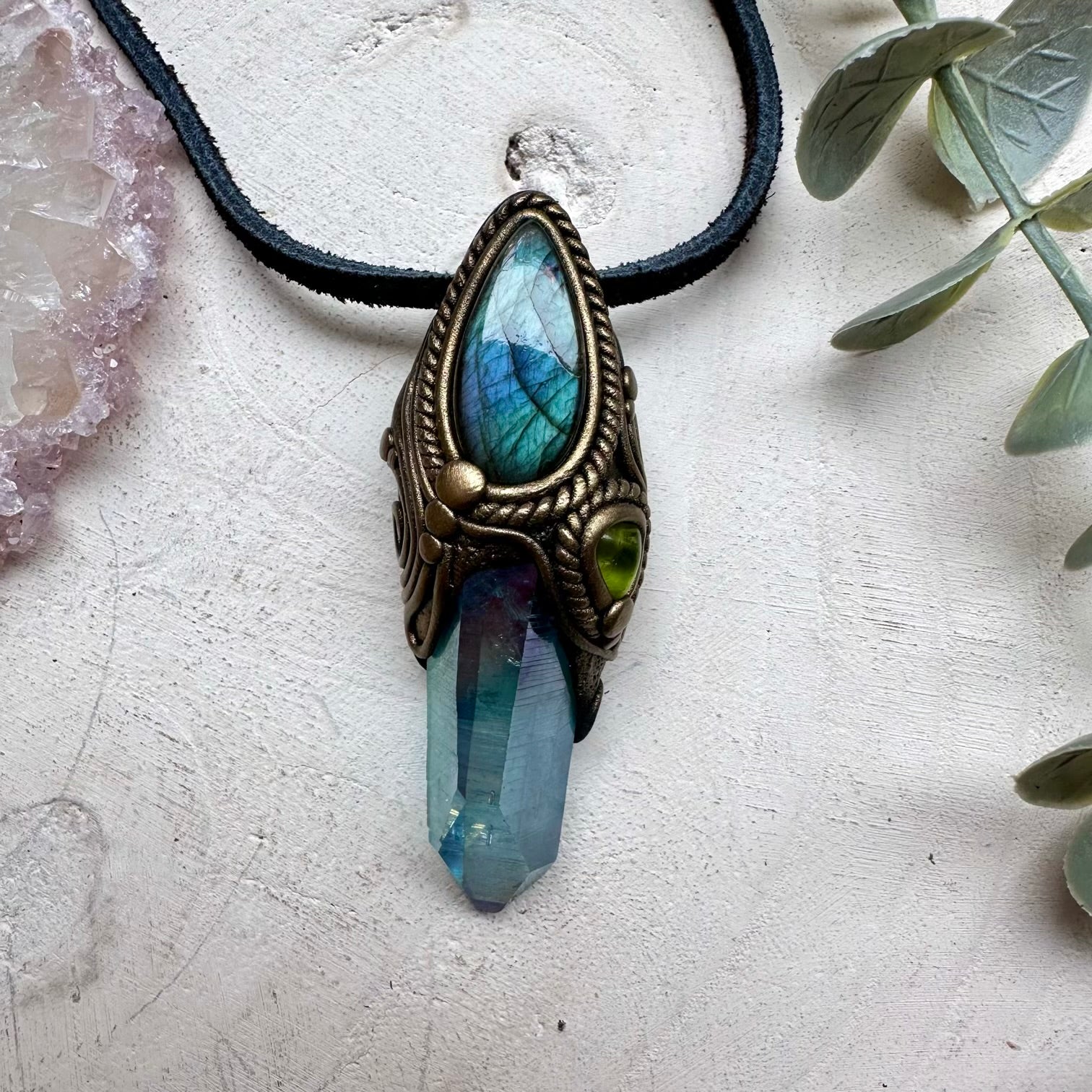 Handmade necklace with aura quartz labradorite and peridot