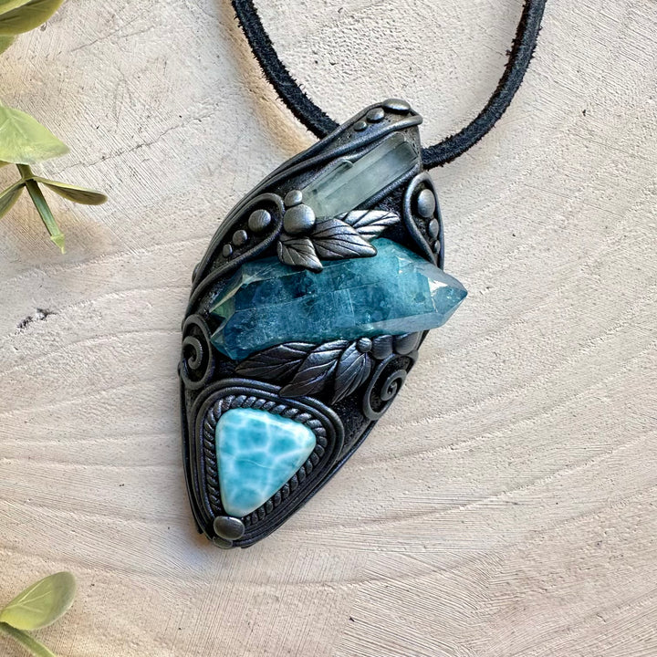 One of a kind aura quartz aquamarine and larimar gemstone necklace
