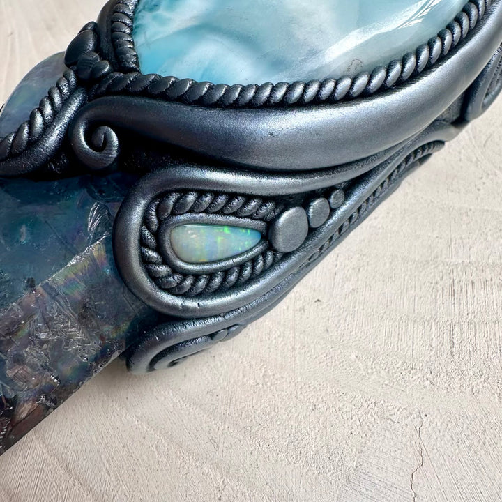 Energy healing wand in antique silver color with lemurian quartz and larimar