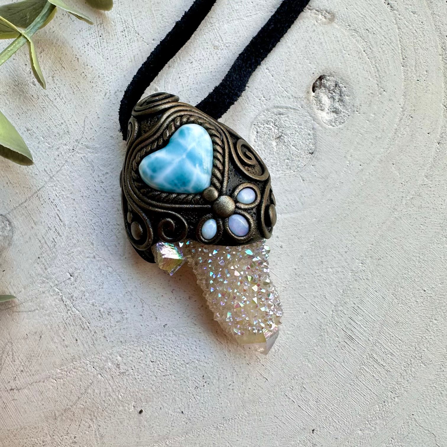 Healing crystal pendant with angel aura quartz and larimar heart