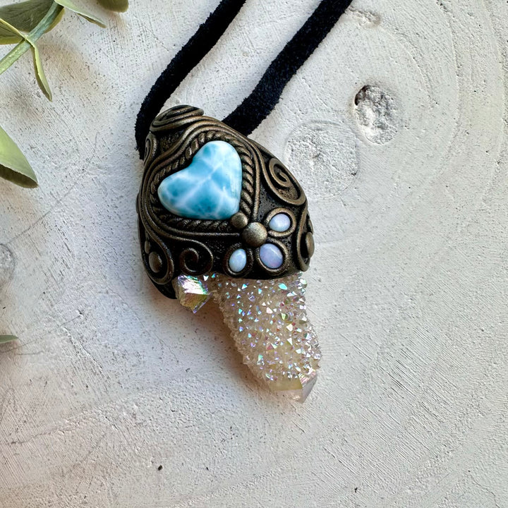 Healing crystal pendant with angel aura quartz and larimar heart