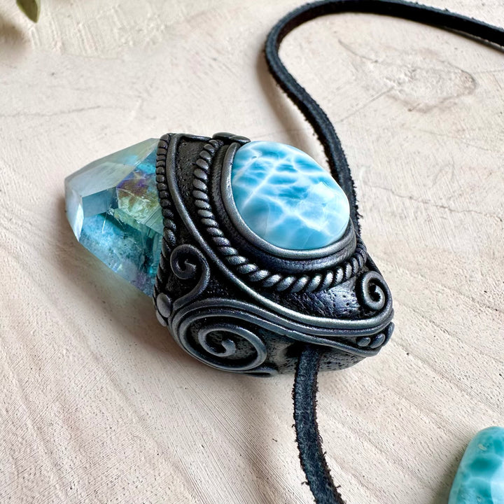 Natural gemstone necklace with aqua aura quartz and larimar