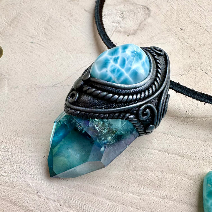 Energy pendant with aura quartz and larimar