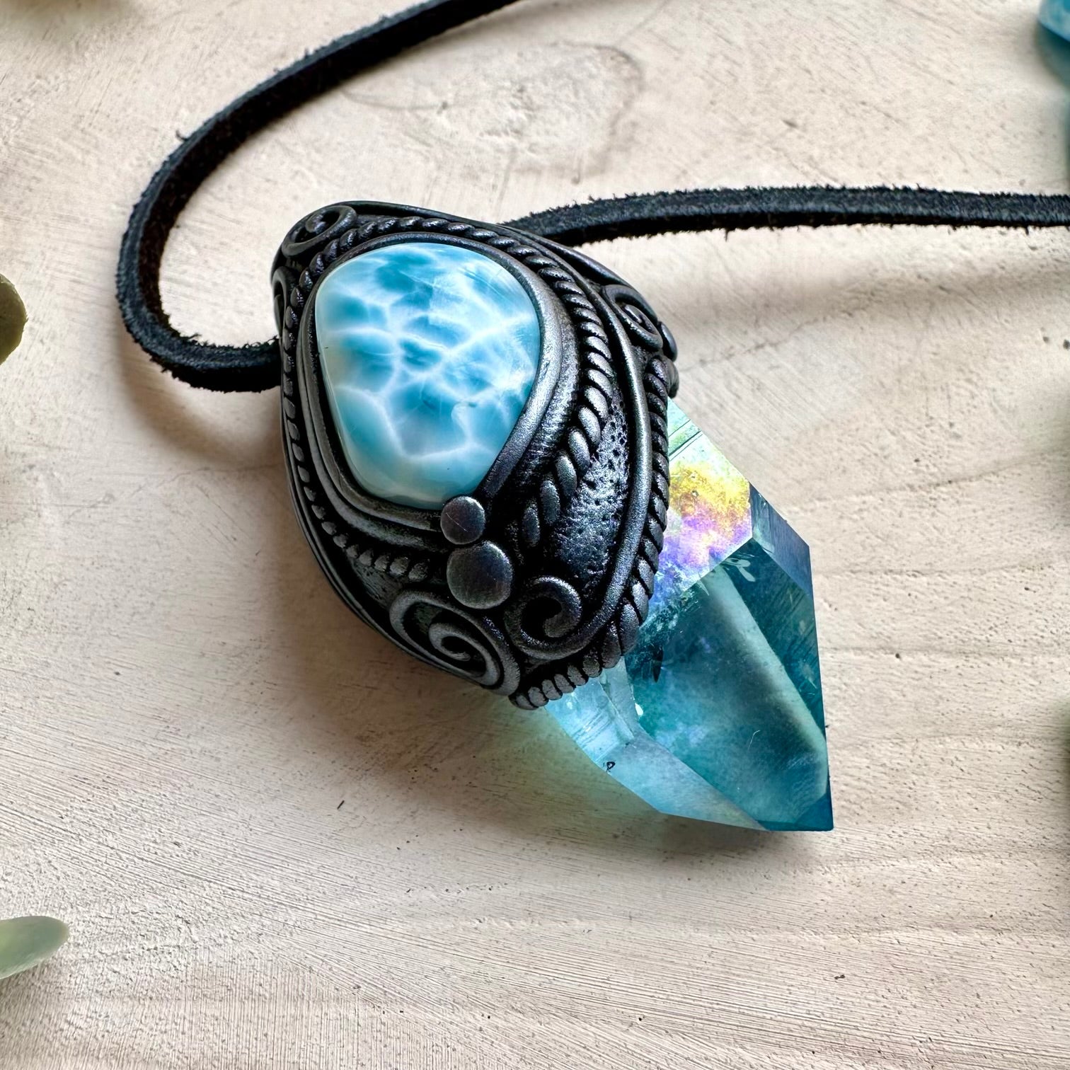 Unique larimar crystal pendant necklace