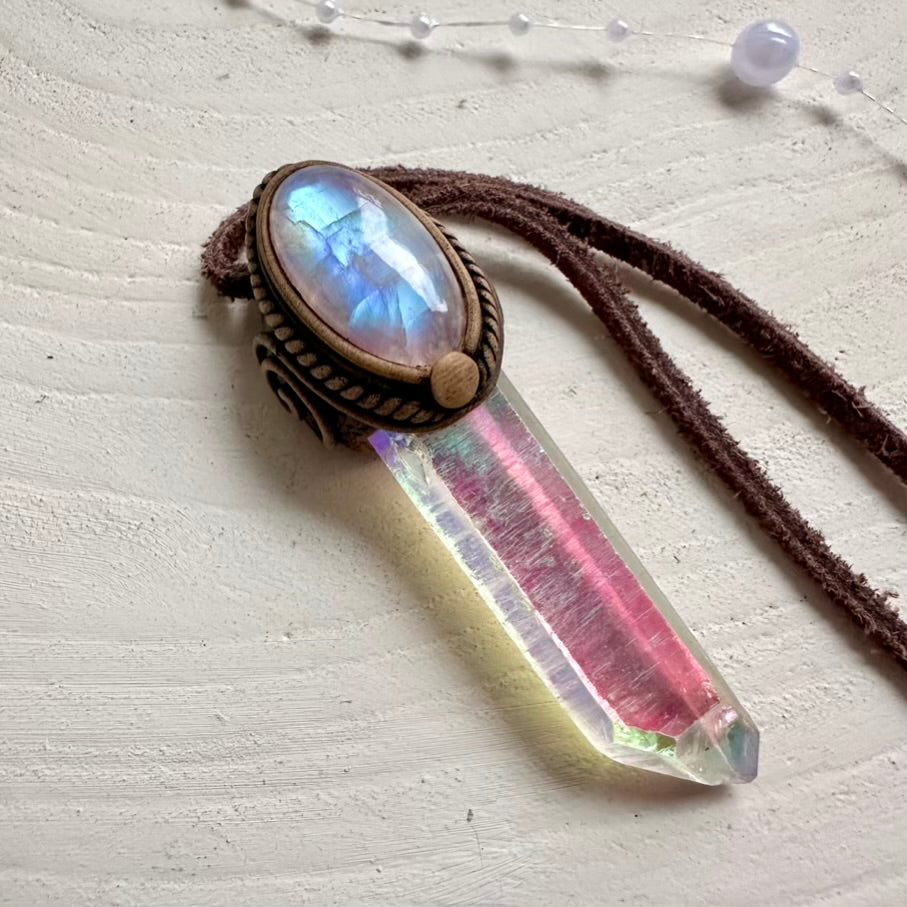Boho pendant necklace with Rainbow Moonstone and Angel Aura Quartz
