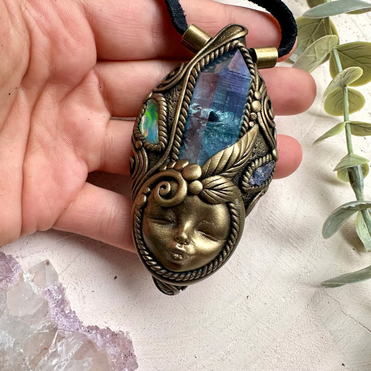 Handmade necklace with aura quartz tanzanite and Ethiopian opal