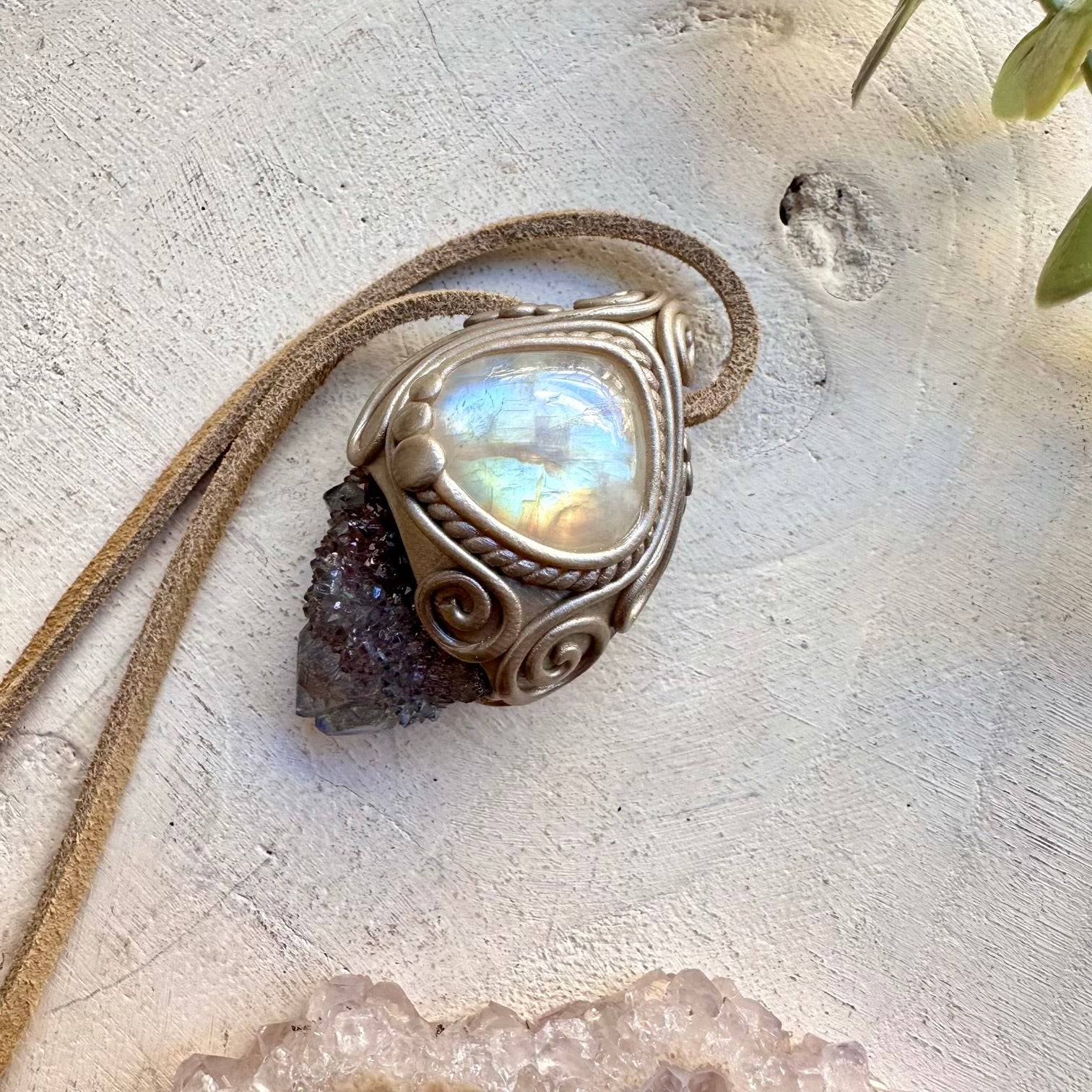 Natural gemstone necklace with aura quartz and moonstone