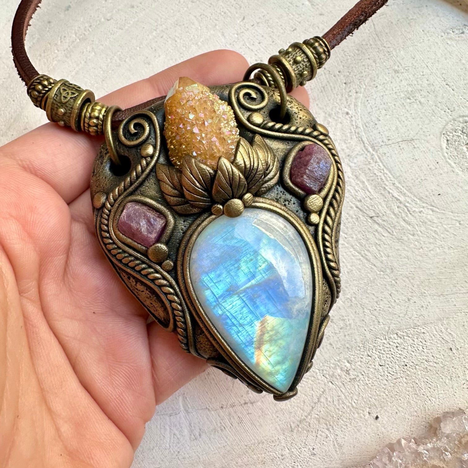 Spiritual jewelry combining moonstone aura quartz and ruby