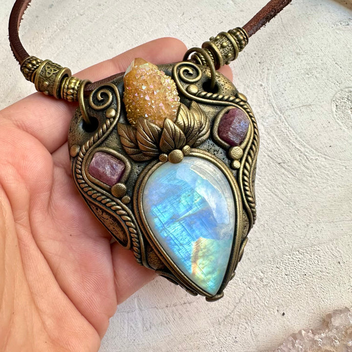 Spiritual jewelry combining moonstone aura quartz and ruby