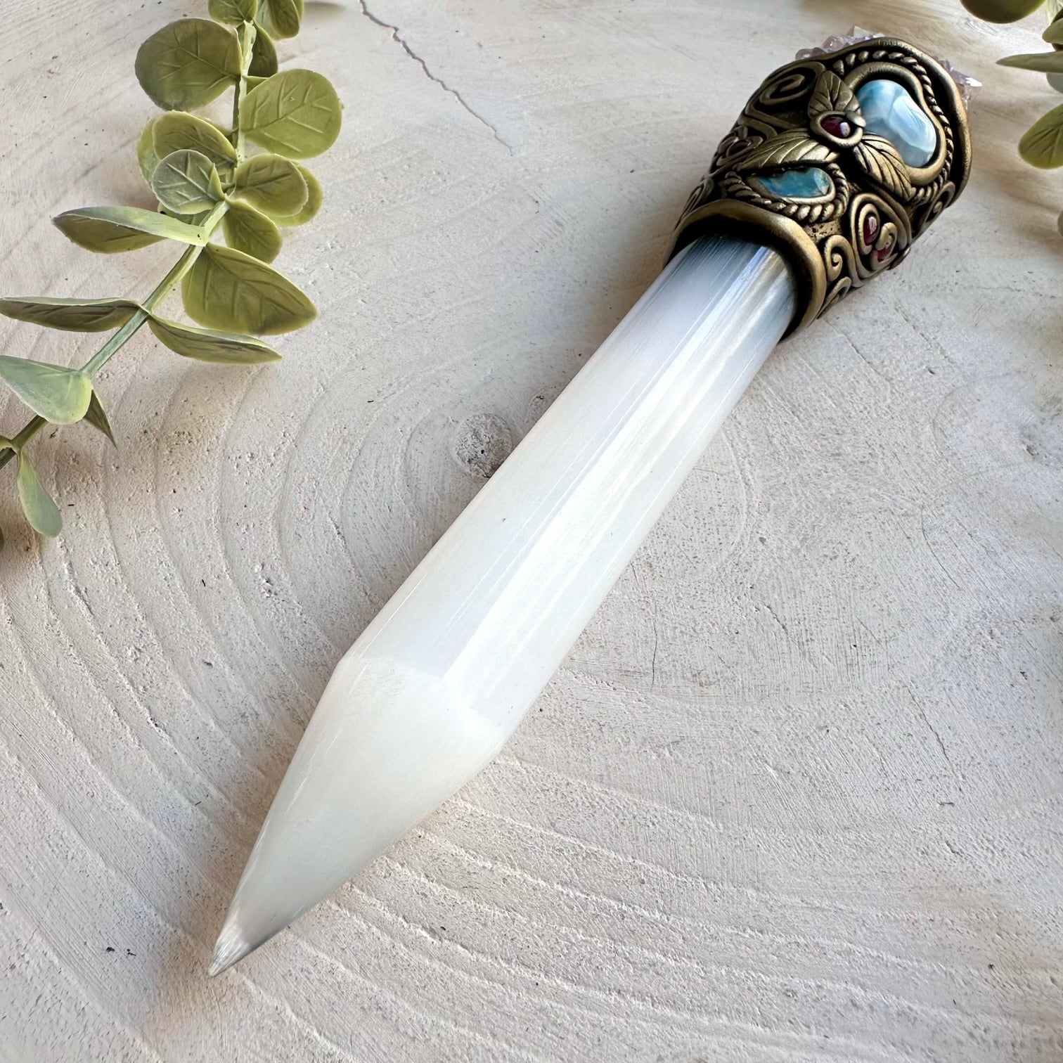 Handmade energy healing tool combining Selenite, Spirit Quartz, Ethiopian Opal and natural gemstones.