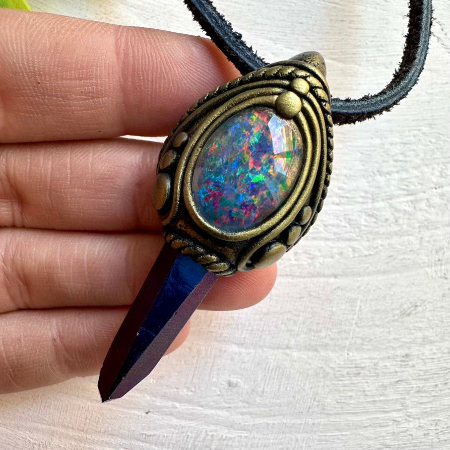 Handmade Pendant with Cobalt Aura Quartz and Black Opal Triplet – Healing Gemstone Jewelry for Spiritual Growth