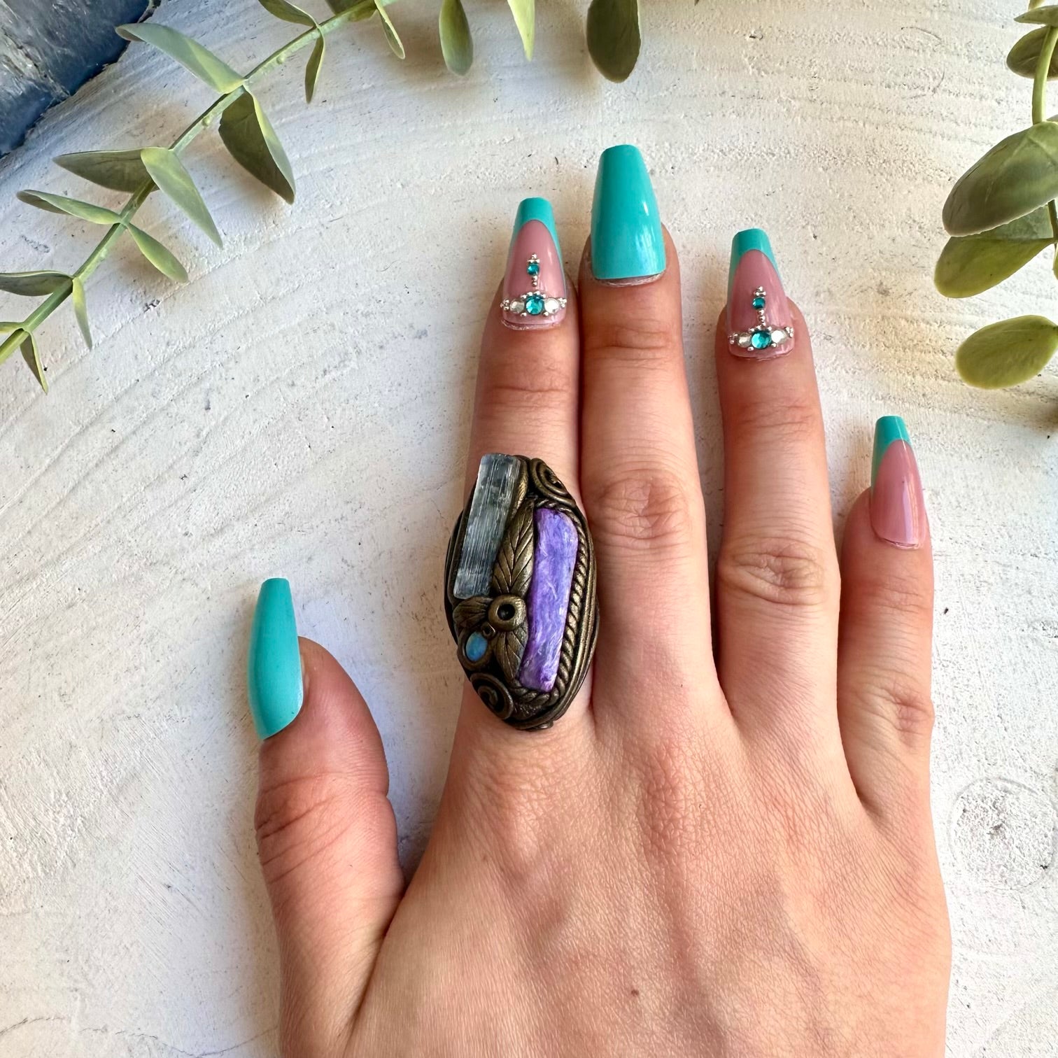 Healing crystal ring with charoite and aquamarine