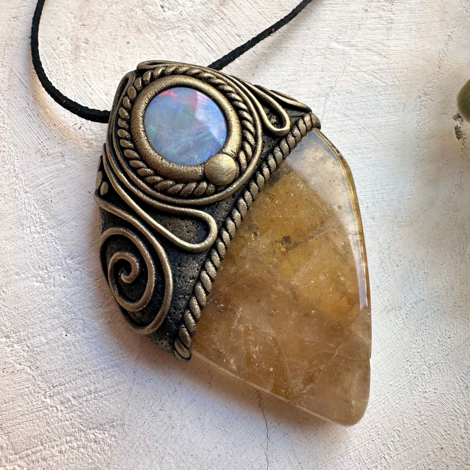 Handmade crystal necklace featuring natural citrine and gray Australian opal