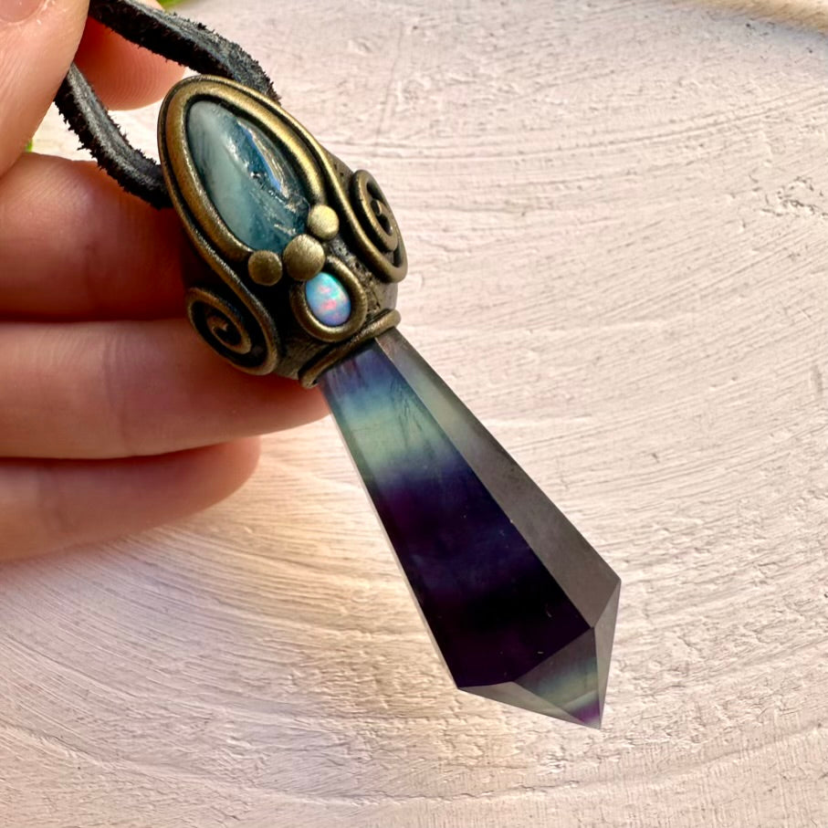 Spiritual gemstone necklace – Blue Fluorite, Aquamarine and Opal