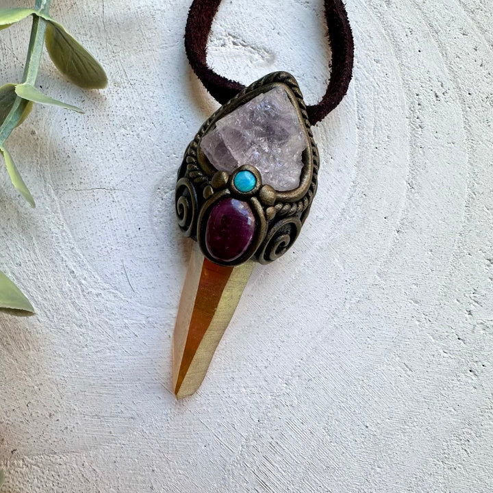 One of a kind morganite ruby and opal gemstone necklace