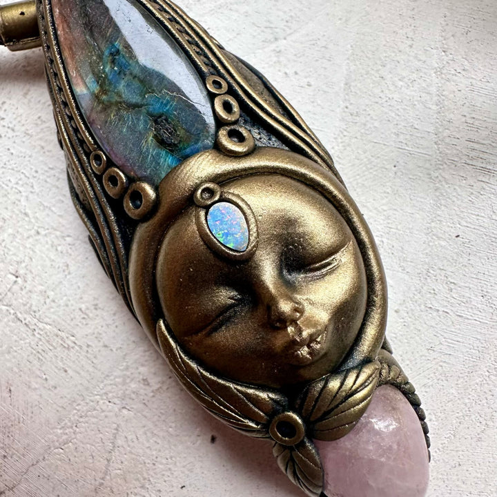 Goddess natural gemstone necklace with labradorite kunzite and opal