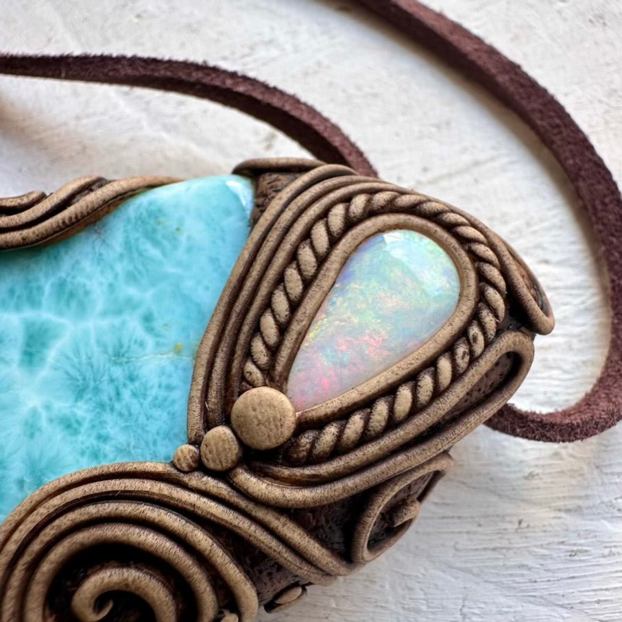 Large Larimar and Australian Opal Pendant Necklace, Healing Crystal Jewelry - FairyGardenGlow
