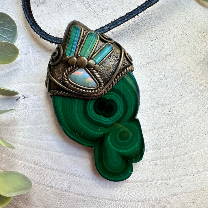 Malachite stalactite paired with green tourmaline and opal