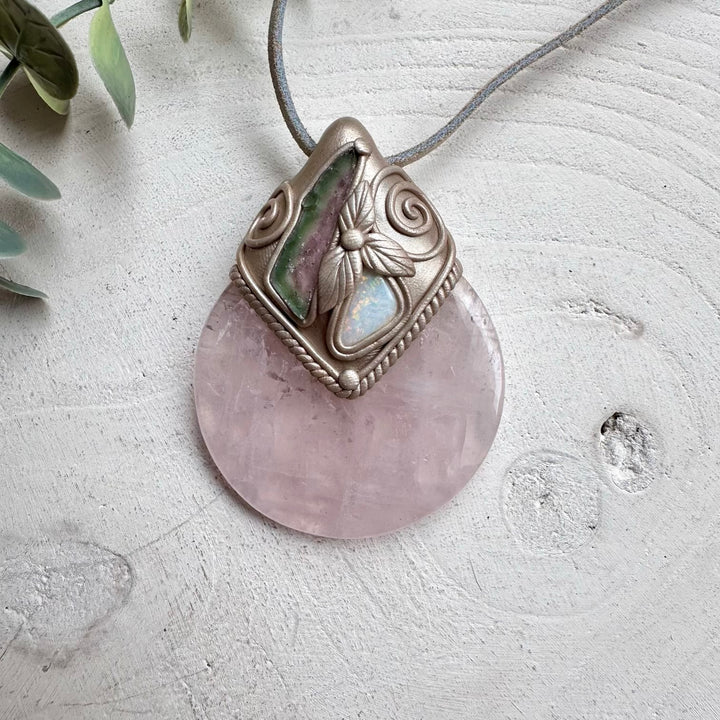 Handmade necklace with rose quartz and watermelon tourmaline slice