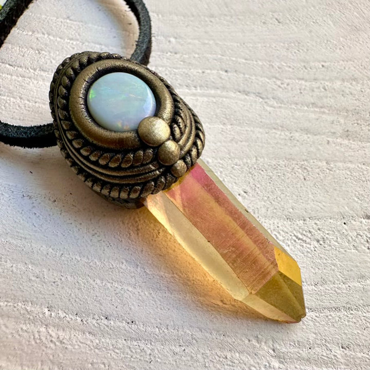 Sunset Aura Quartz crystal pendant paired with natural Australian Opal