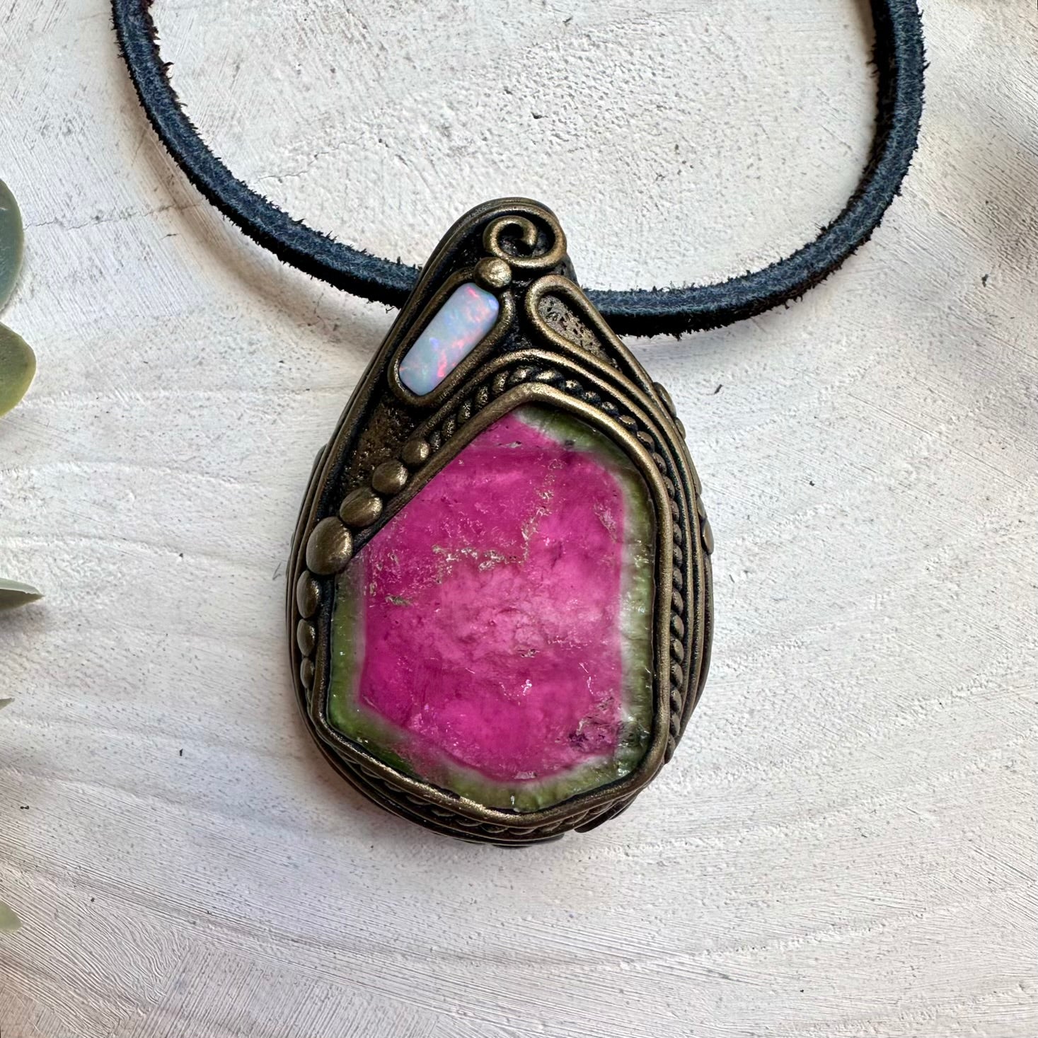 Handmade necklace with watermelon tourmaline and Australian opal