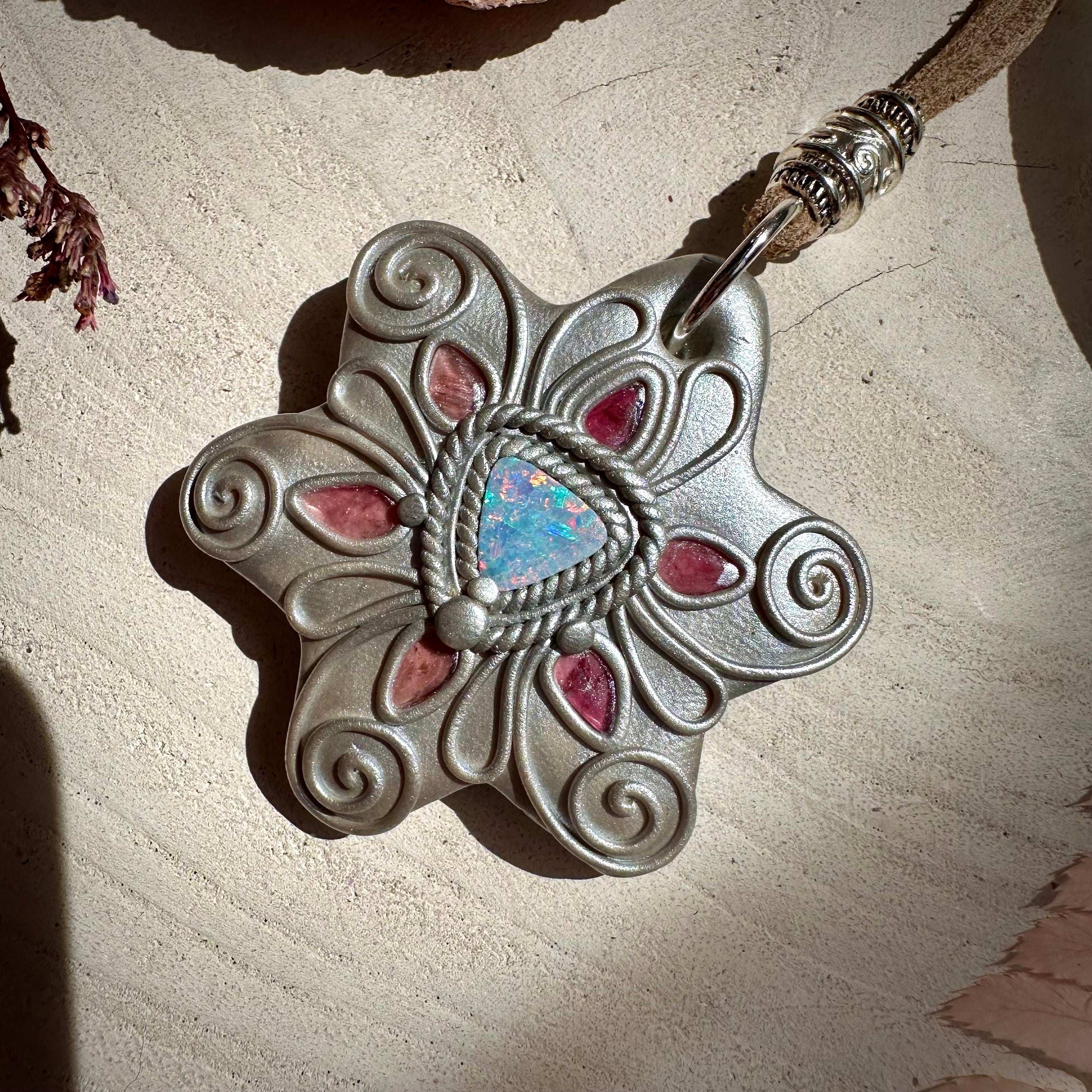Australian Opal and Pink Tourmaline Necklace - FairyGardenGlow