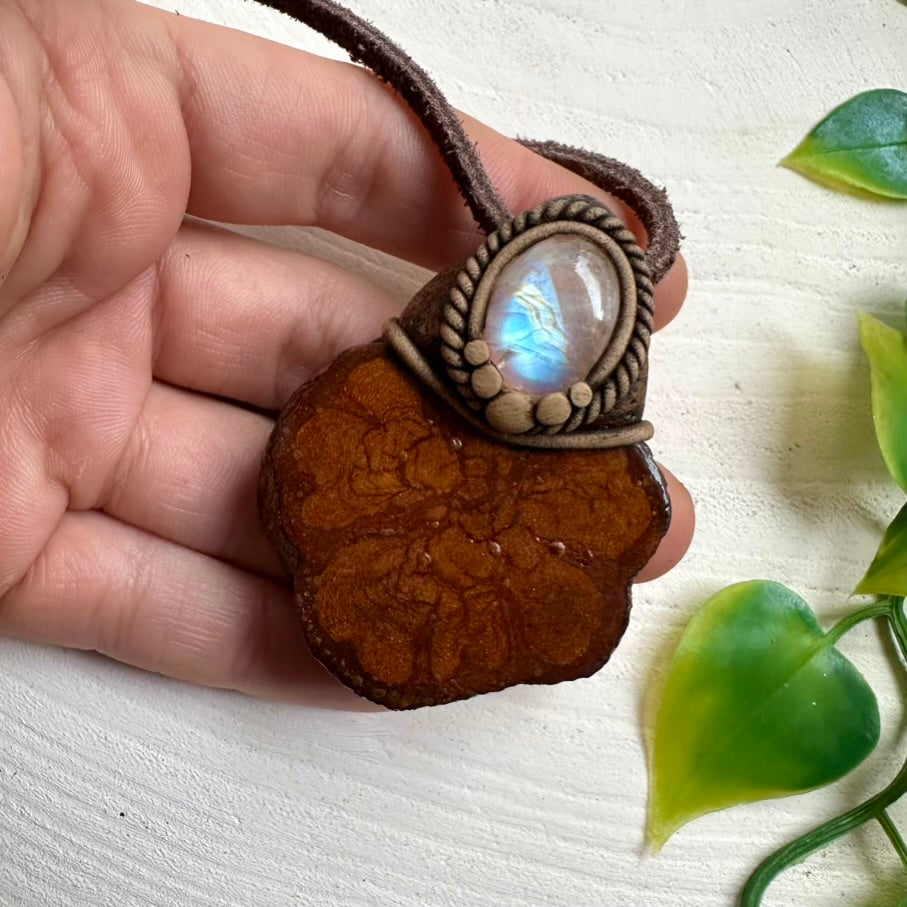 Ayahuasca necklace with Rainbow Moonstone – handmade spiritual jewelry