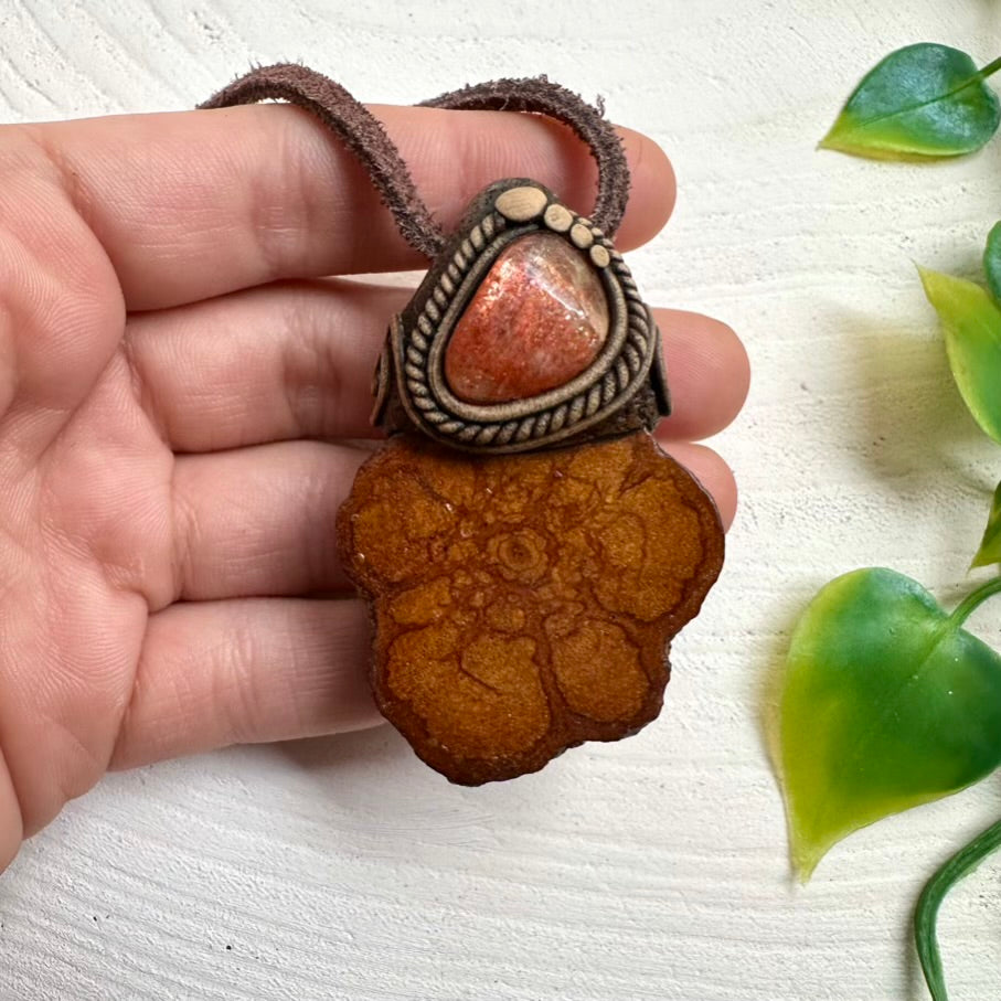 Ayahuasca necklace with Sunstone – handmade spiritual jewelry