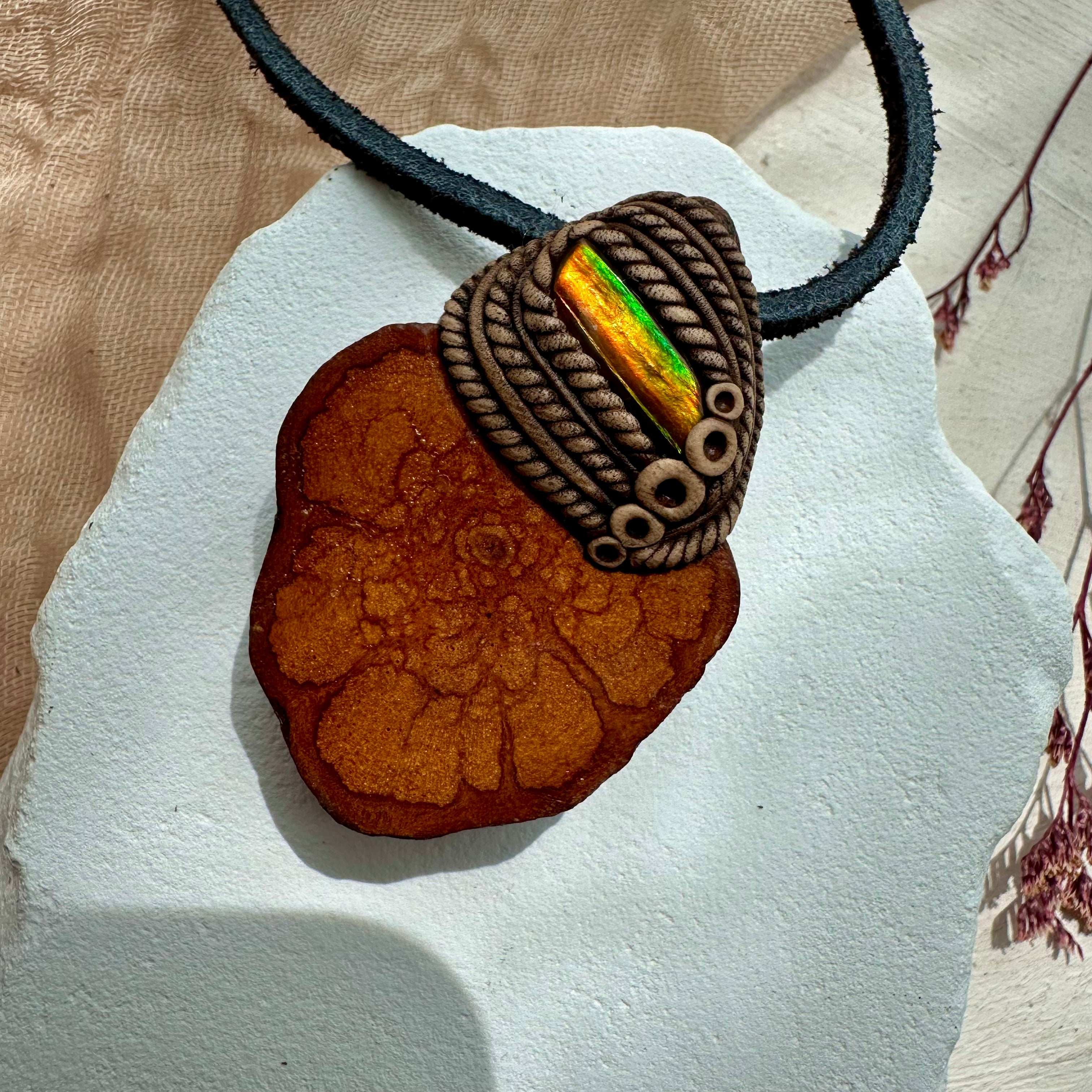 Ayahuasca Vine and Ammolite Pendant Necklace - FairyGardenGlow