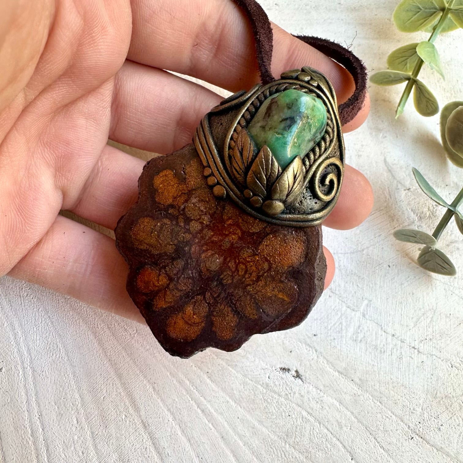 Ayahuasca vine and emerald pendant necklace