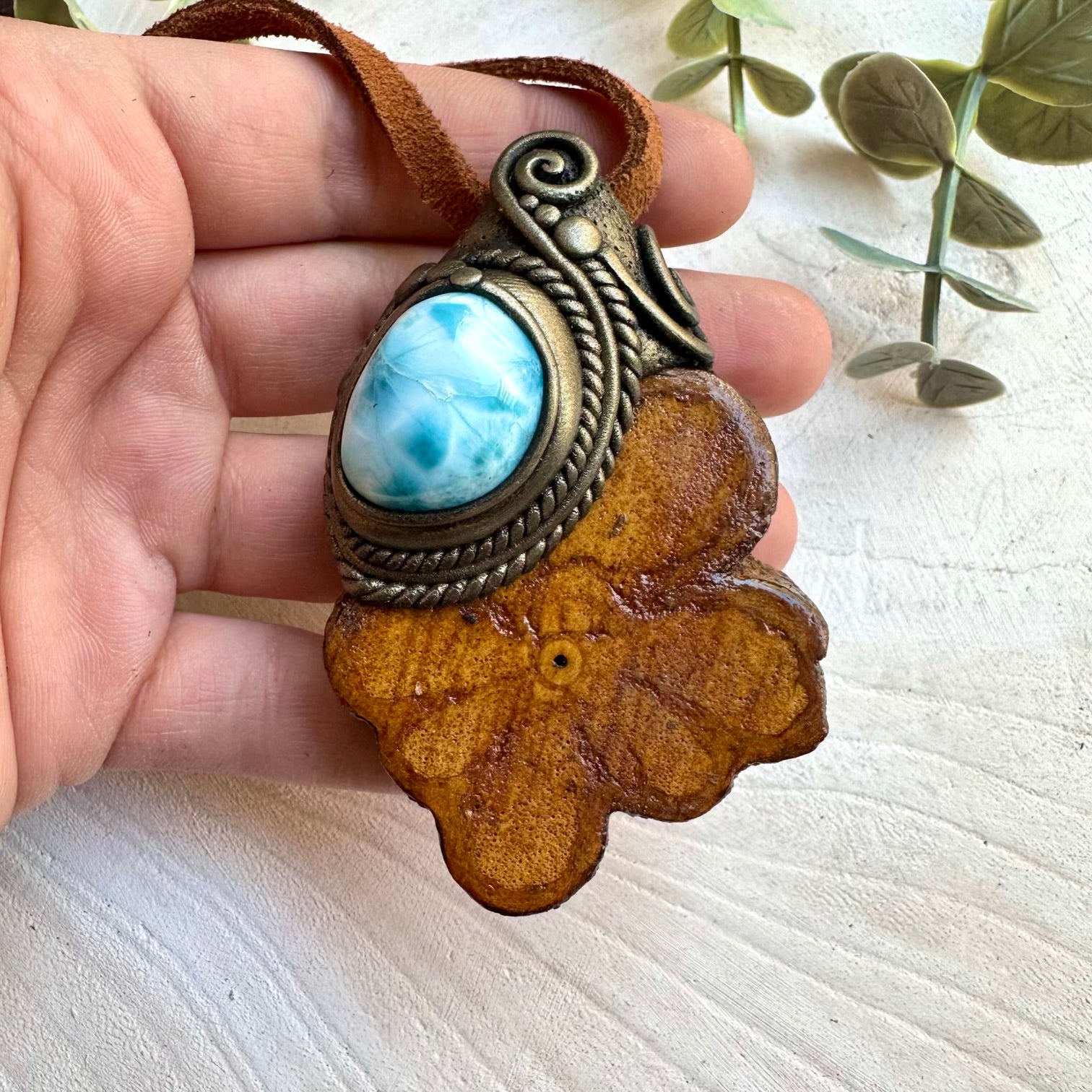 Ayahuasca vine and larimar pendant necklace