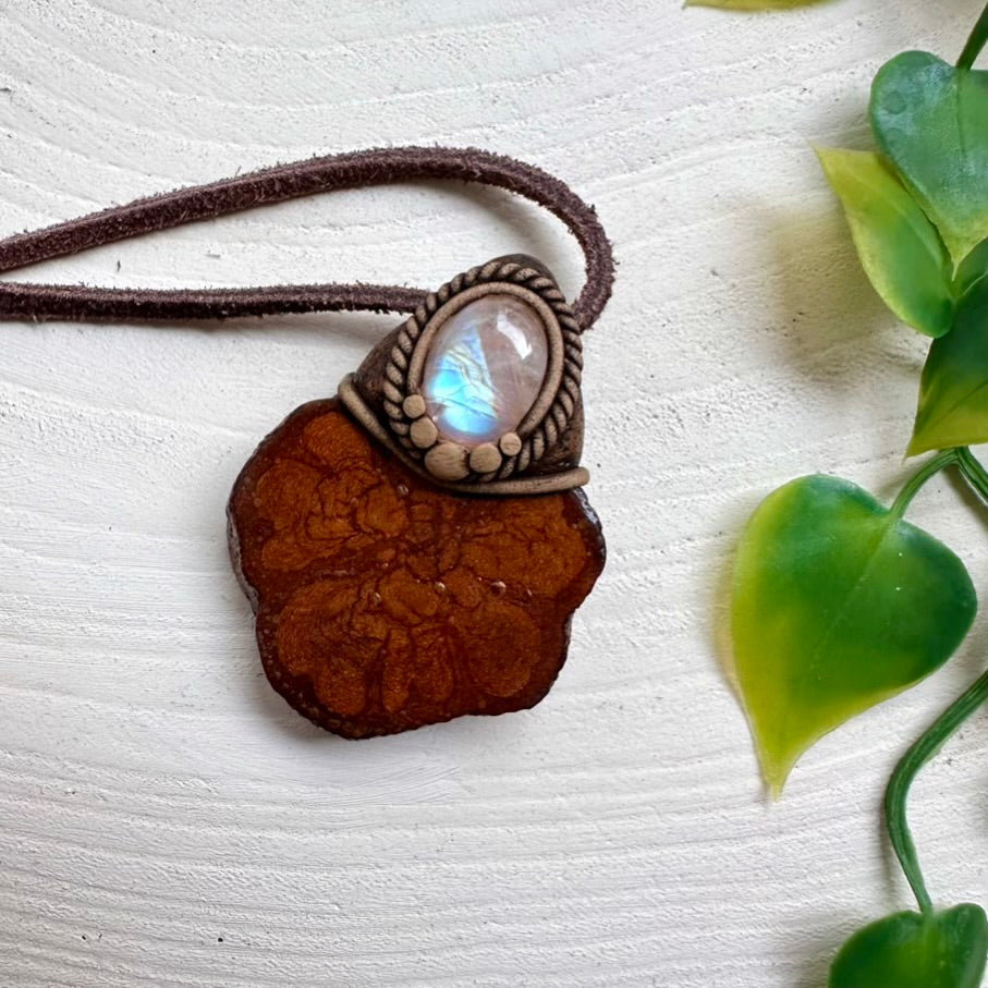Healing stone necklace with Rainbow Moonstone set in Ayahuasca Vine