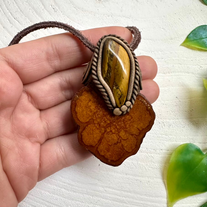 Artisan-made necklace featuring Tiger’s Eye and Ayahuasca Vine