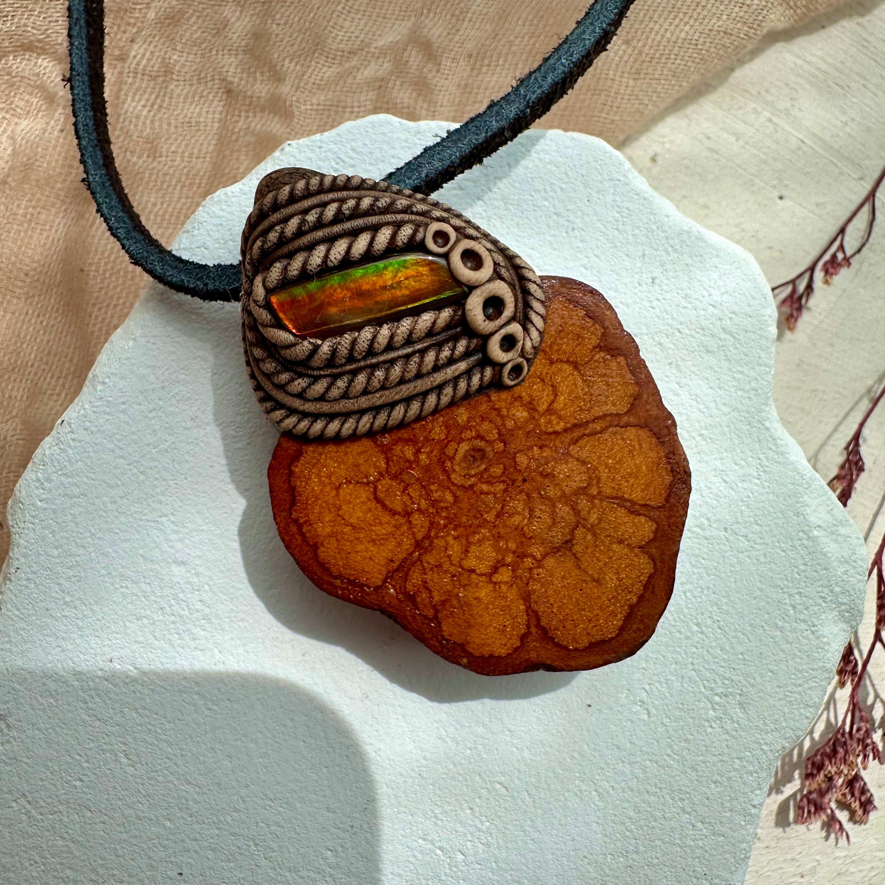 Ayahuasca Vine and Ammolite Pendant Necklace - FairyGardenGlow
