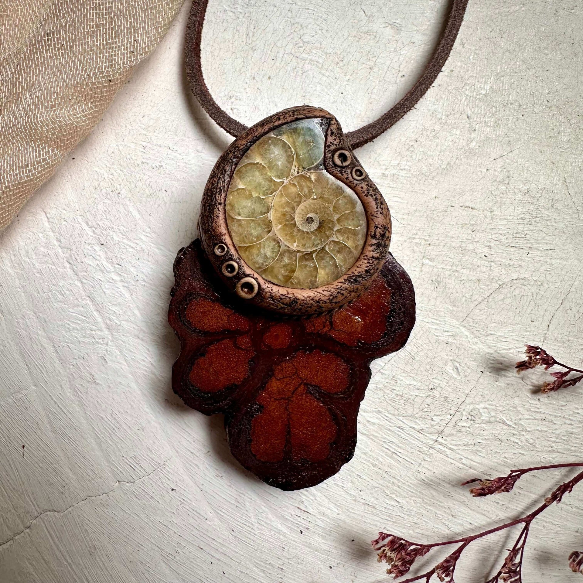 Ayahuasca Vine and Ammonite Pendant Necklace - FairyGardenGlow