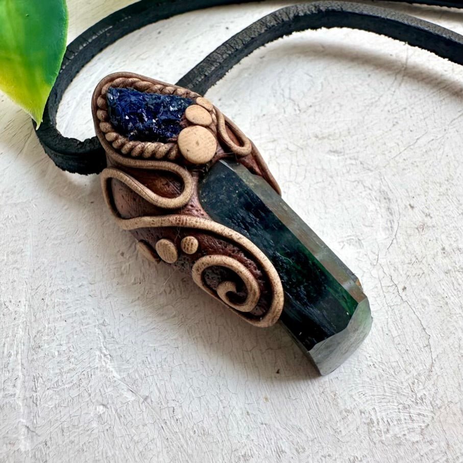 Vivianite and Azurite Necklace, Unisex Handmade Pendant - FairyGardenGlow