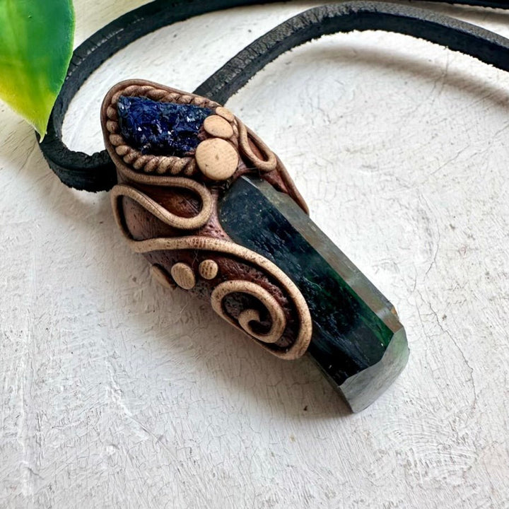 Vivianite and Azurite Necklace, Unisex Handmade Pendant - FairyGardenGlow