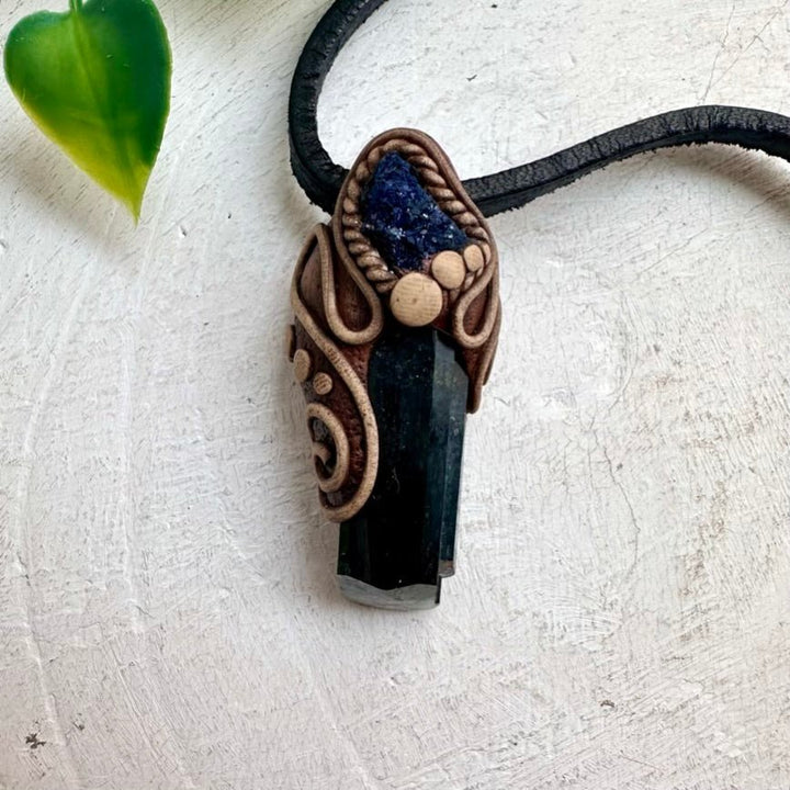 Vivianite and Azurite Necklace, Unisex Handmade Pendant - FairyGardenGlow