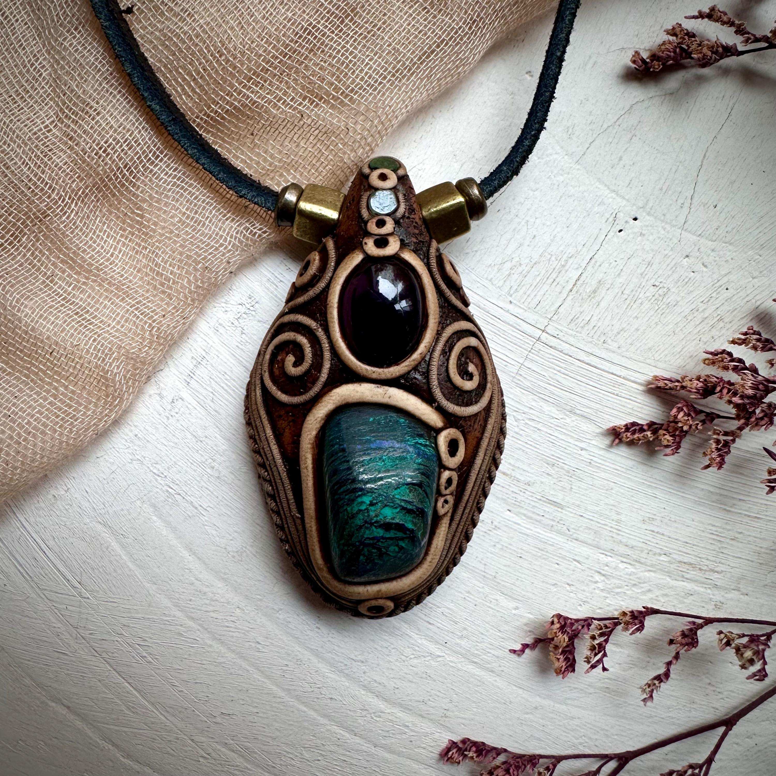 Azurite Malachite Amethyst and Emerald Necklace - FairyGardenGlow