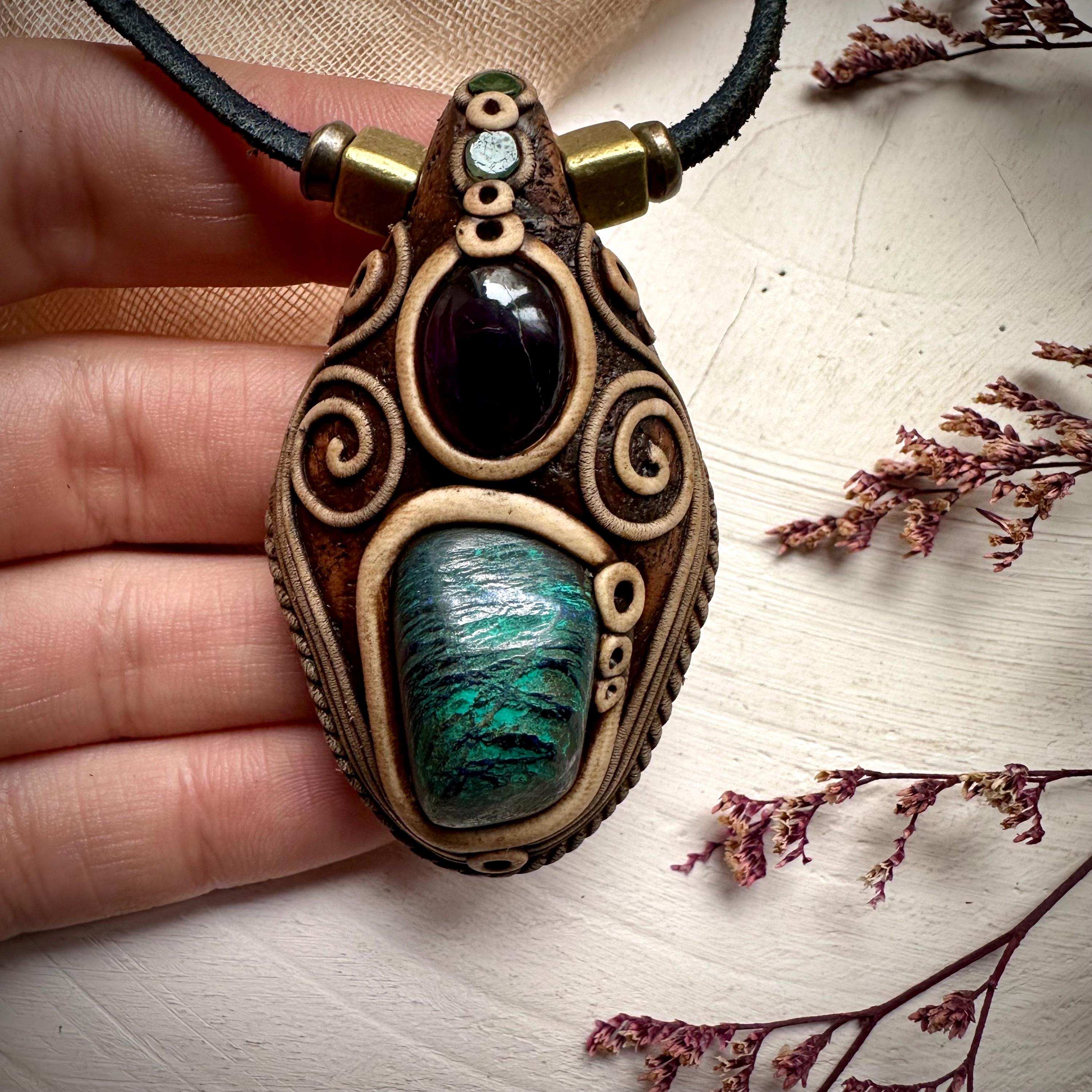 Azurite Malachite Amethyst and Emerald Necklace - FairyGardenGlow
