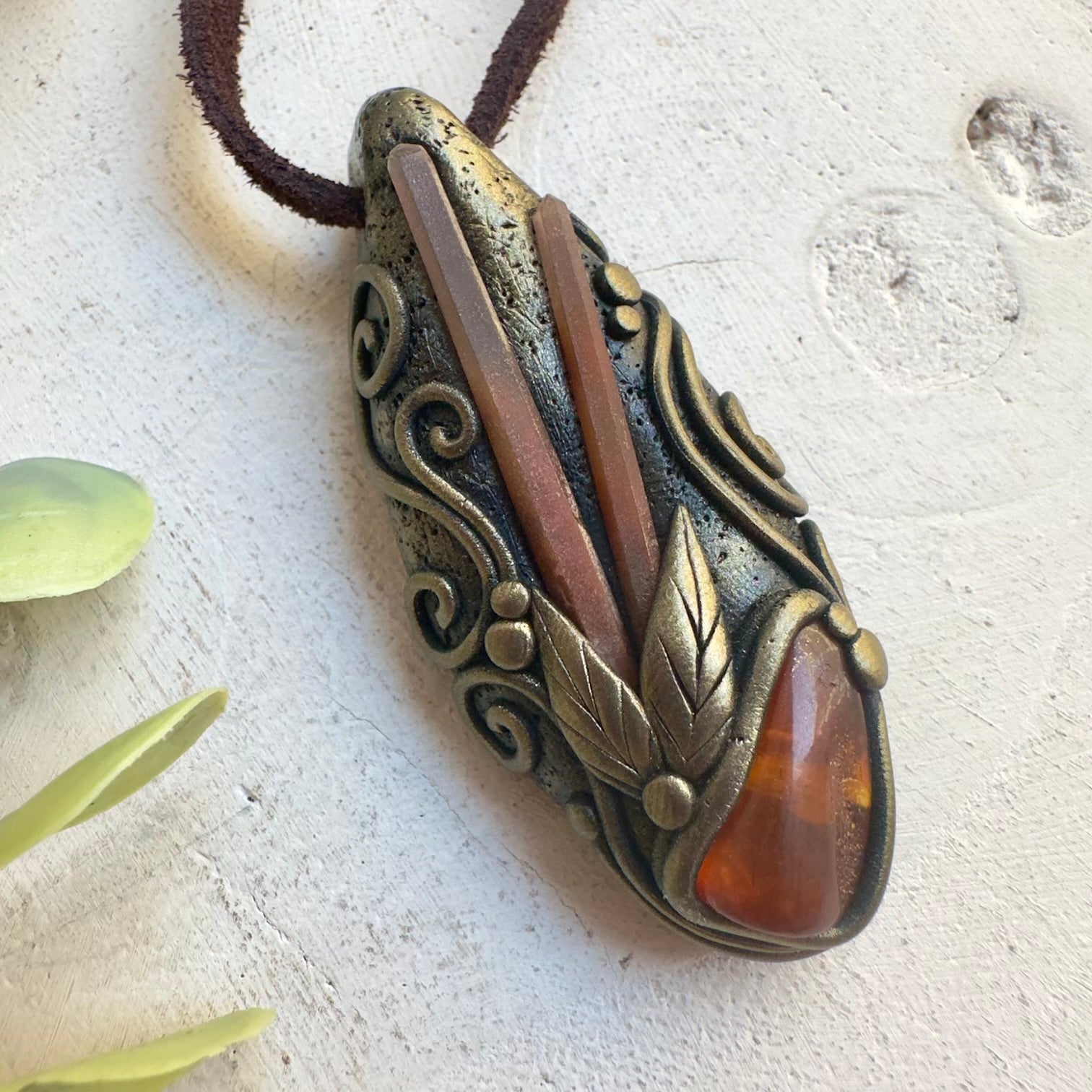 Baltic Amber and Red Quartz necklace handmade with natural gemstones