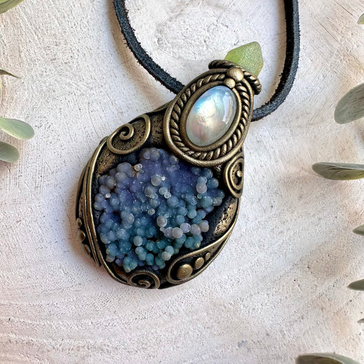 Unique gemstone jewelry featuring Bi Color Grape Chalcedony with shimmering Rainbow Moonstone.