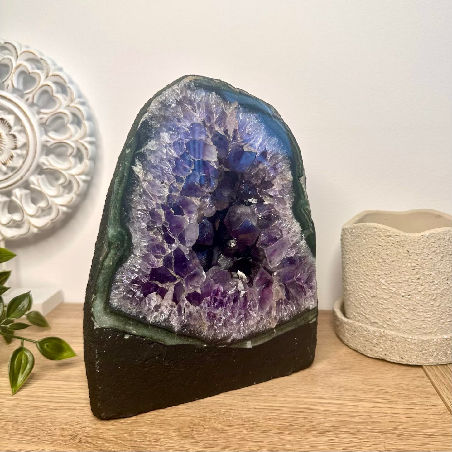 Natural purple amethyst geode stone centerpiece