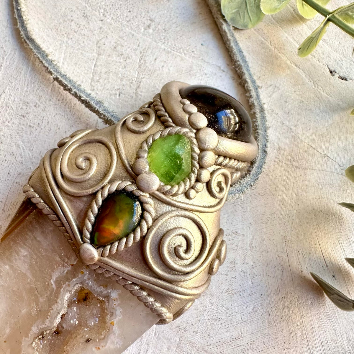 Unique spiritual wand combining Agate, Smoky Quartz, Raw Peridot and Black Ethiopian Opal gemstones.